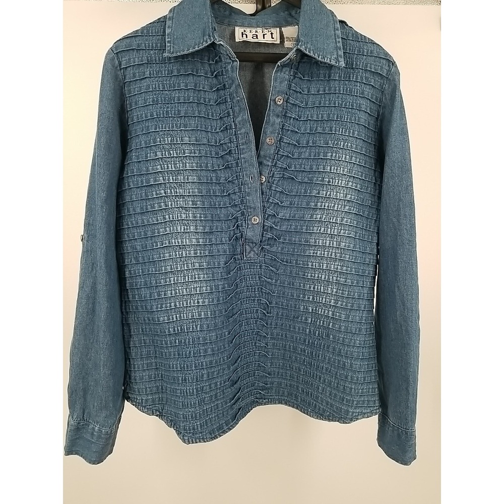 Keren Hart Womens Denim Button Up Roll Tab Sleeve Pintuck Shirt Blue‎ Small